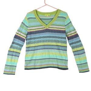 Sigrid Olson Sweater Knitted Green Striped Silk Blend Sz Large V Neck Boho